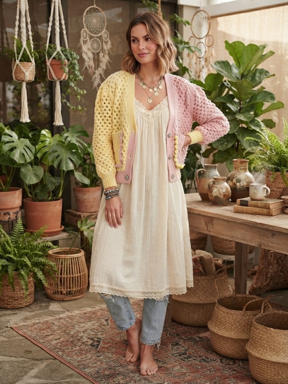 Zara Pink and Yellow Open-Knit Cardigan with Crystal Buttons Small boho